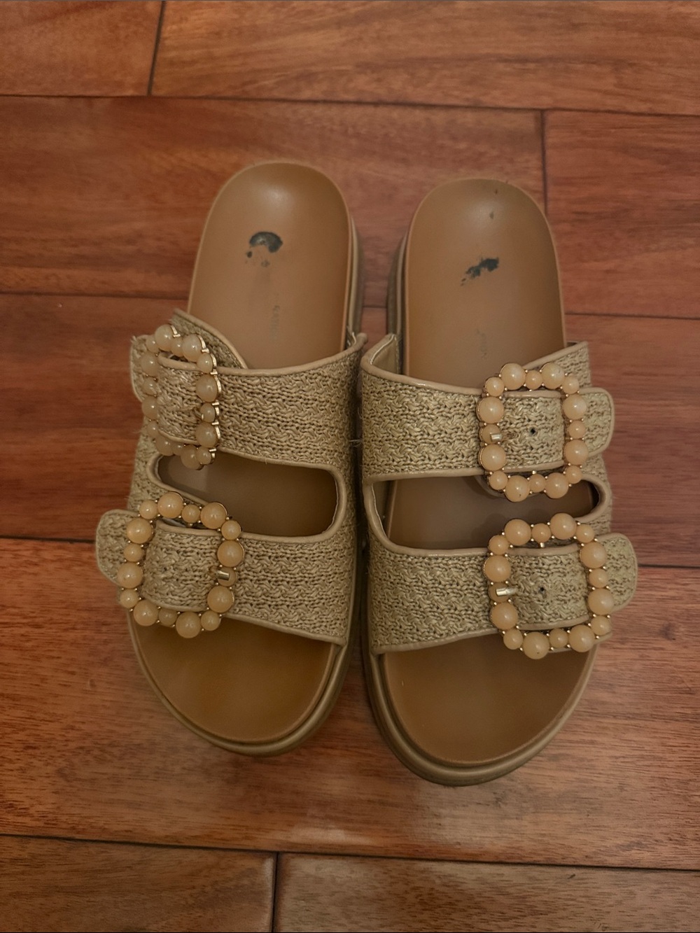 BCBG Generation Woven Beaded Buckle Slide Sandals - Beige Size 8